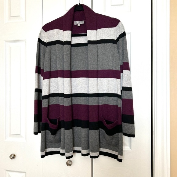 Laura Petites Shawl Collar Open Front Striped Cardigan Purple/Grey Size Med. - Picture 12 of 12